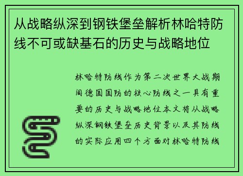 从战略纵深到钢铁堡垒解析林哈特防线不可或缺基石的历史与战略地位