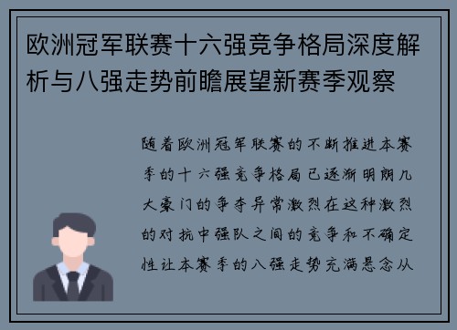 欧洲冠军联赛十六强竞争格局深度解析与八强走势前瞻展望新赛季观察
